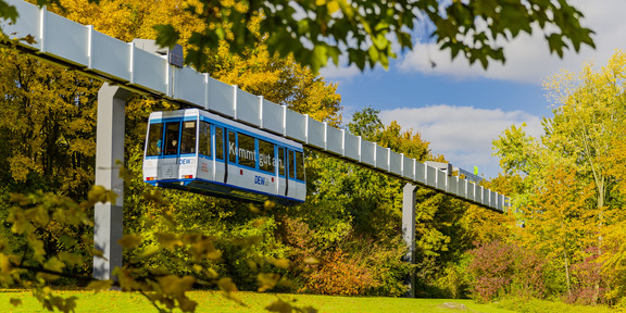 Die H-Bahn fährt und Bäume in herbstlichen Farben sind rechts und links zu sehen.