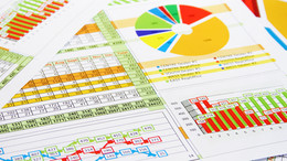 Paper pages with tables, pie charts, column charts as well as graph charts lie on top of each other.