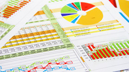 Paper pages with tables, pie charts, column charts as well as graph charts lie on top of each other.
