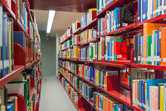 Library Red bookshelves in the university library.