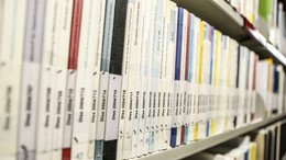 Books with the inscription dissertation on a bookshelf in the library.